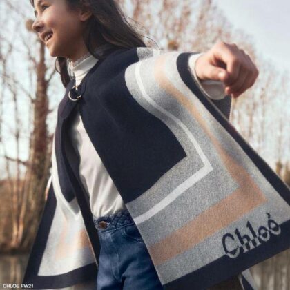 Chloe Girls Mini Me Navy Blue Grey Stripe Cotton Wool Knit Logo Cape Jacket