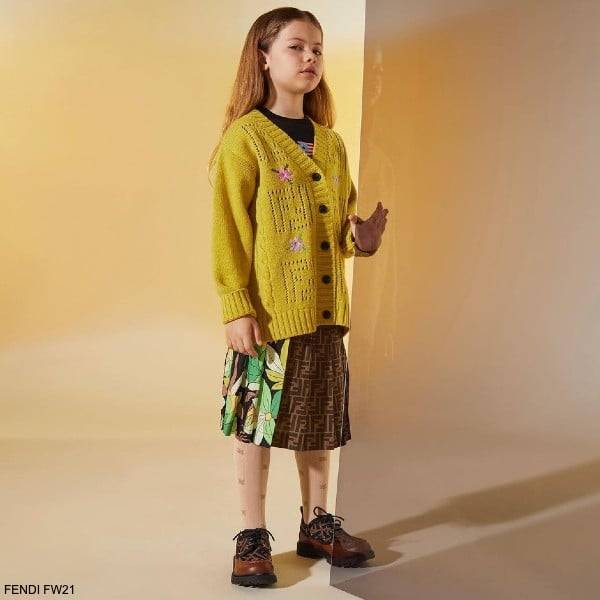 Fendi Kids Girls Brown FF Logo Colorful Flower Patchwork Skirt Yellow Cardigan