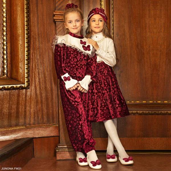 Junona Girls Burgundy Red Buttery Floral Velvet Blouse Pant Set