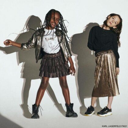 Karl Lagerfeld Girls Black Mirror Choupette Cat Shirt Gold Pleated Skirt