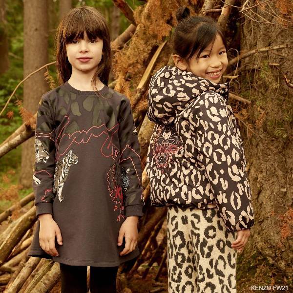 Kenzo Kids Girls Grey Beige Leopard Print Hooded Jacket Knit Leggings