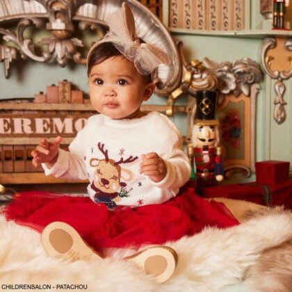 Patachou Baby Girls Ivory Reindeer Christmas Sweater Mayoral Red Tulle Skirt