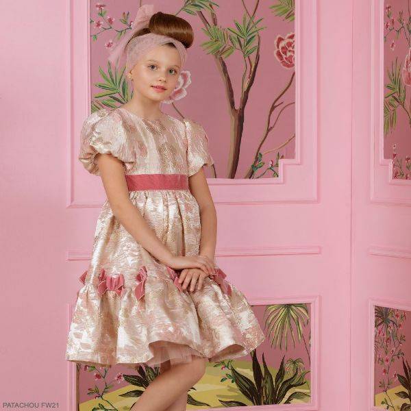 Patachou Girls Gold Flower Pink Bow Puff Sleeve Haute Couture Party Dress