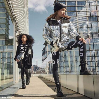DKNY Girls Mini me Silver Metallic Puffer Jacket Black White Logo Tights