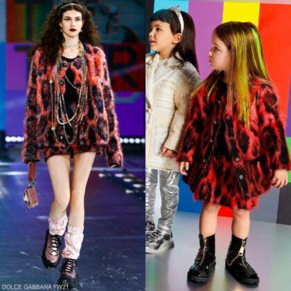 Dolce Gabbana Kids Girls Mini Me Red Black Leopard Mohair Wool Cardigan Sweater Skirt