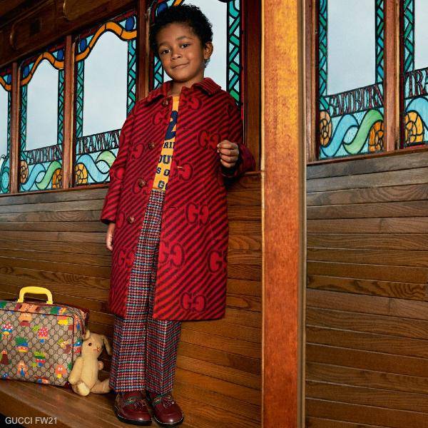 Gucci Kids Beige GG Woodland Tote Bag Red Stripe Wool Coat