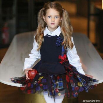 Lapin House Girls Blue Red Tartan Check Tulle Bow Sleeveless Party Dress