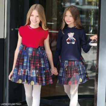 Lapin House Girls Navy Teddy Bear Shirt Blue Red Tartan Check Tulle Skirt