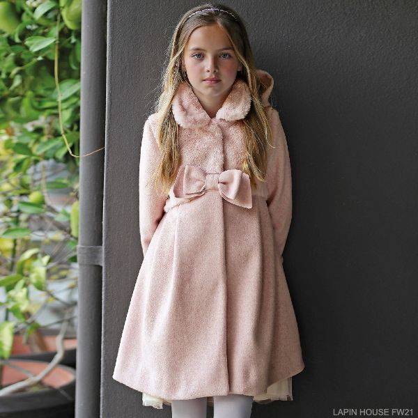 Lapin House Girls Light Pink Soft Faux Fur Bow Hooded Dress Coat