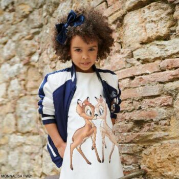 Monnalisa Girls Navy Blue Disney Bambi Bomber Jacket Ivory Faux Fur Collar Dress