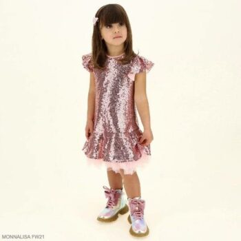Monnalisa Girls Pink Sequin Tulle Short Sleeve Holiday Party Dress