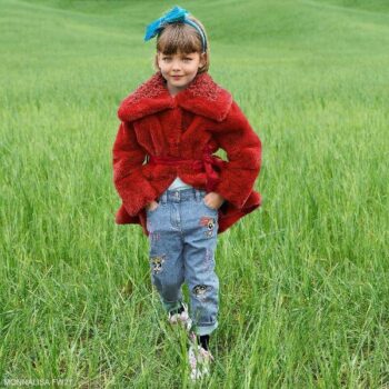 Monnalisa Girls Red Faux Fur Coat Powerpuff Denim Blue Jeans