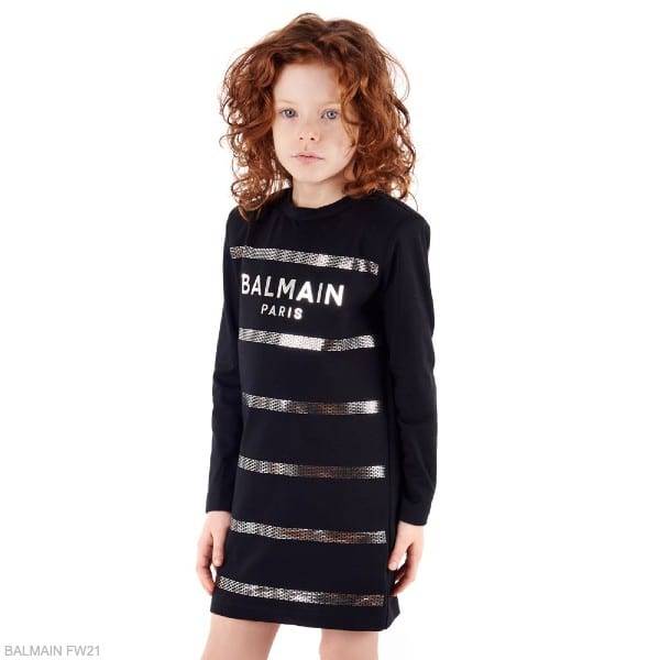 Balmain Kids Girls Black Silver Metallic Stripe Paris Logo Dress