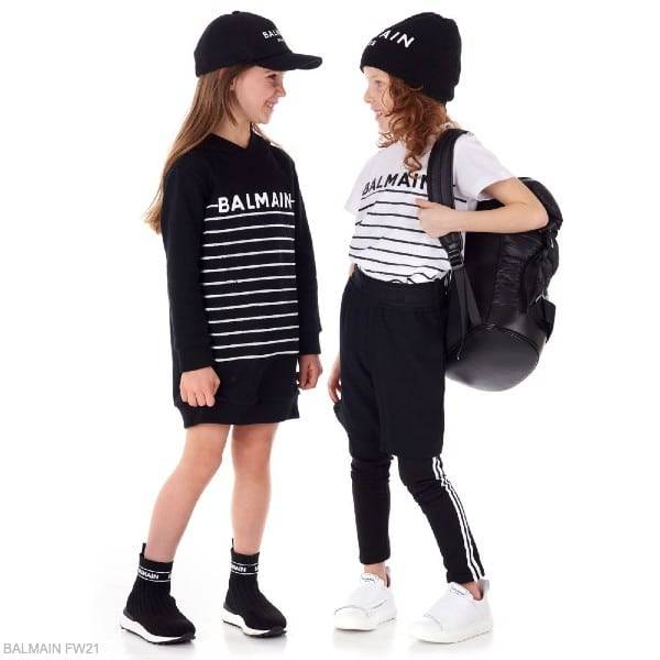 Balmain Kids Girls Black White Stripe Logo Hoodie Sweatshirt Dress