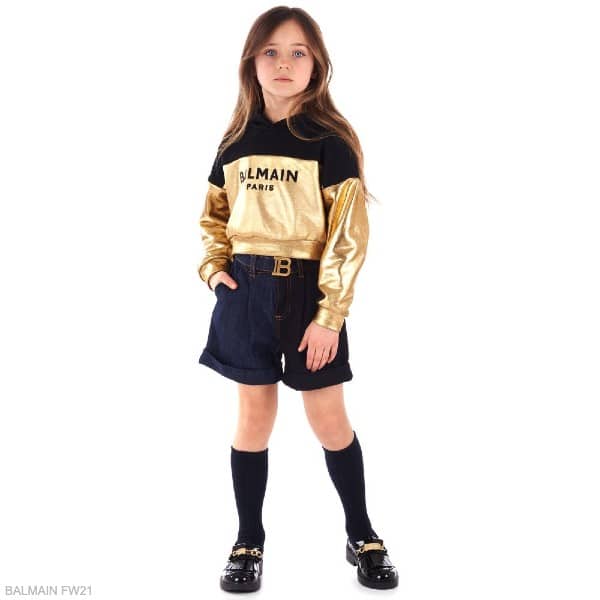 Balmain Kids Girls Gold Black Logo Cropped Hoodie Sweatshirt Blue Denim Shorts