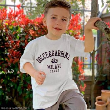 Dolce Gabbana Kids Boys White Navy Blue Milano Italy Logo Back to School T-Shirt