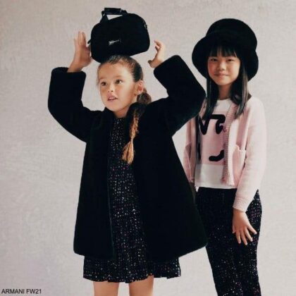 Emporio Armani Kids Girls Black Pink White Eagle Logo Velvet Long Sleeve Party Dress