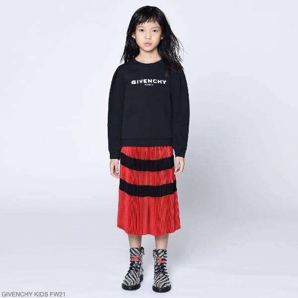 Givenchy Kids Girls Red Black Stripe Pleated Skirt Black Logo Sweatshirt