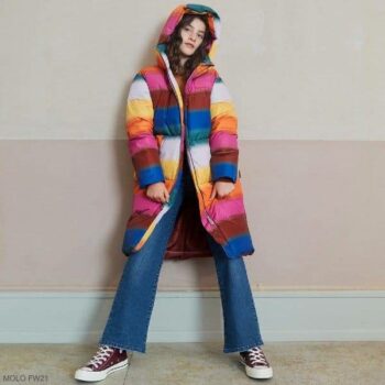 Molo Kids Girls Rainbow Stripe Down Hooded Puffer Coat