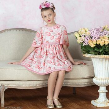 Patachou Girls Pink Tulip Flower Chiffon Long Sleeve Party Dress