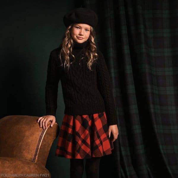 Polo Ralph Lauren Kids Girls Red Check Wool Skirt Black Turtleneck