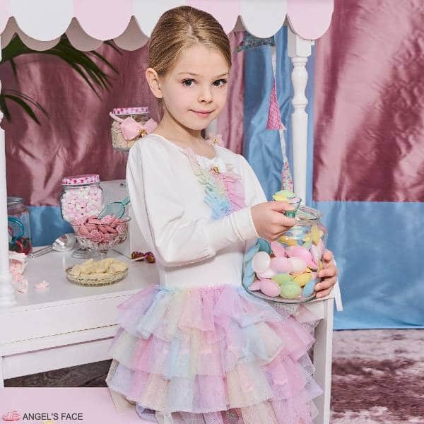 Angels Face Girls White Long Sleeve Rainbow Tulle Party Dress