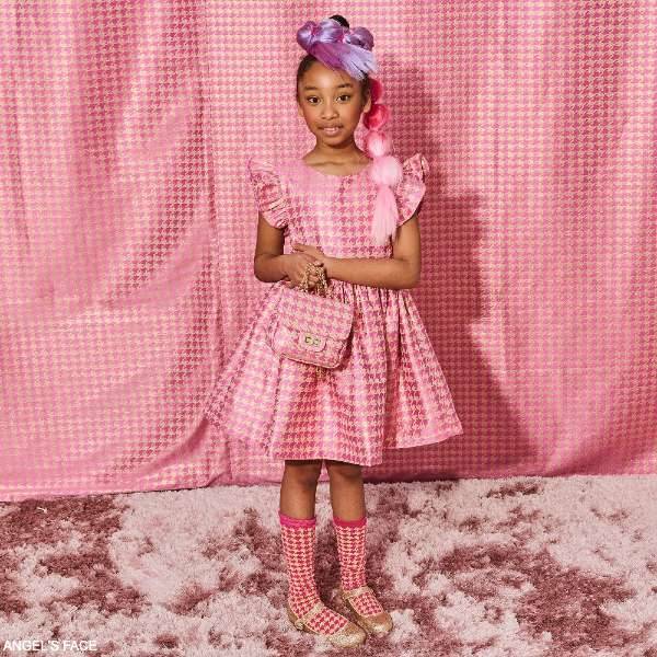 Angel's Face Kids Girls Pink Gold Houndstooth Check Party Dress