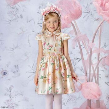 Eirene Kids Girls Pink Floral Satin Short Sleeve Birthday Party Dress