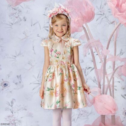 Eirene Kids Girls Pink Floral Satin Short Sleeve Birthday Party Dress