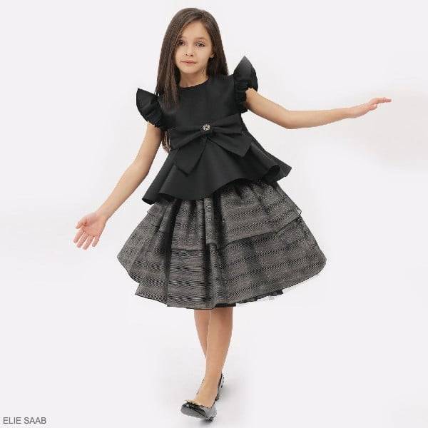 Elie Saab Kids Girls Black Gold Stripe Lurex Chiffon Skirt Black Silk Bow Blouse