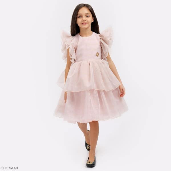 Elie Saab Kids Girls Pink Lurex Chiffon Gold Stripe Short Sleeve Party Dress