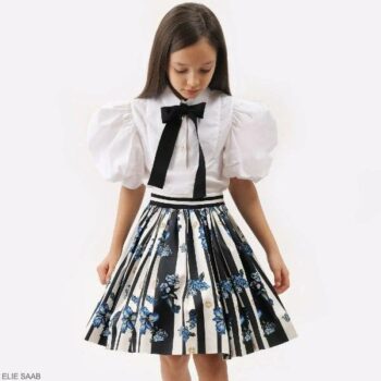 Elie Saab Girls White Blue Stripe Floral Skirt White Black Bow Blouse