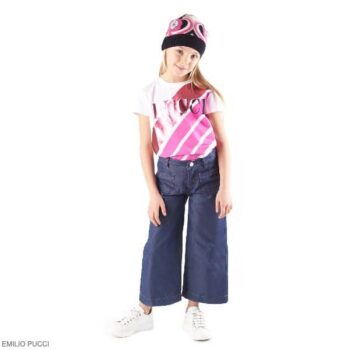 Emilio Pucci Kids Girls Pink Metallic Logo T-Shirt Blue Flare Leg Jeans