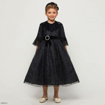 Graci Girls Black Glitter Lace Trim Tulle Diamante Bow Brooch Party Dress