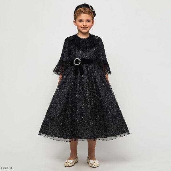 Graci Girls Black Glitter Lace Trim Tulle Diamante Bow Brooch Party Dress