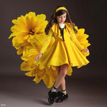 Irpa Girls Yellow Velvet Flower Long Sleeve Party Dress