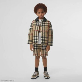 Burberry Kids Boys Beige Check Black Collar Quilted Jacket Shorts