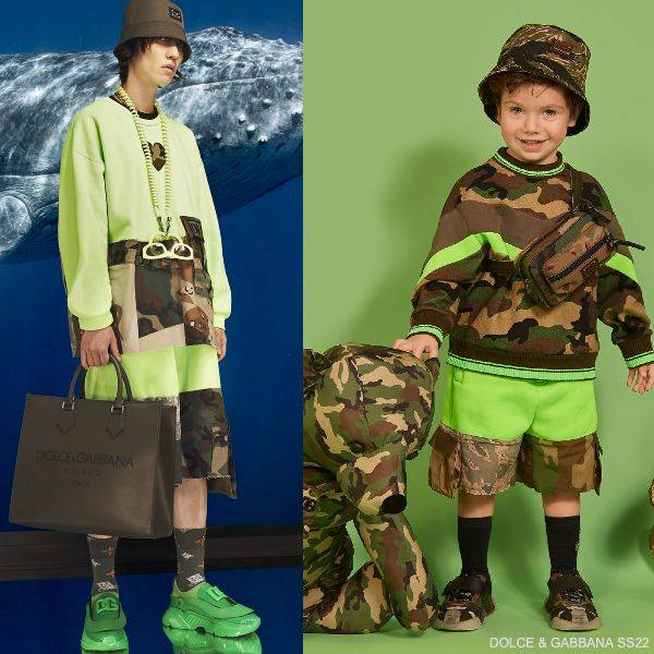 Dolce Gabbana Kids Boys Mini Me Reborn To Live Green Camouflage Sweatshirt Shorts