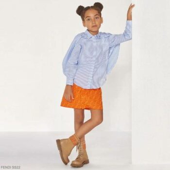 Fendi Kids Girls Blue White Stripe Blouse Orange FF Logo Skirt