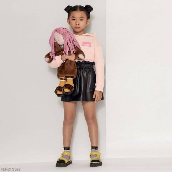 Fendi Kids Girls Pink Cropped Hoodie Sweatshirt Black Leather Mini Skirt