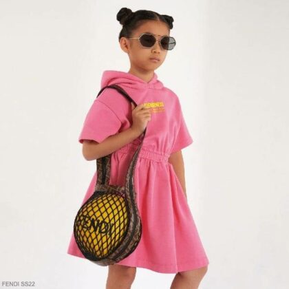 Fendi Kids Girls Pink Fendiness Logo Cotton Hooded Short Sleeve Dress