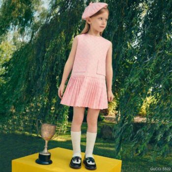 Gucci Kids Girl Pink GG Monogram Logo Sleeveless Pleated Pocket Jacquard Cotton Party Dress