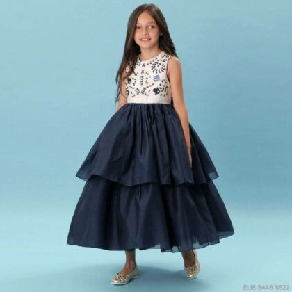 Elie Saab Kids Girls Navy Blue Silk Organza Floral Embroidered Party Dress