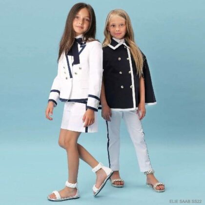 Elie Saab Kids Girls White Cotton Navy Blue Trim Double Breasted Blazer Jacket