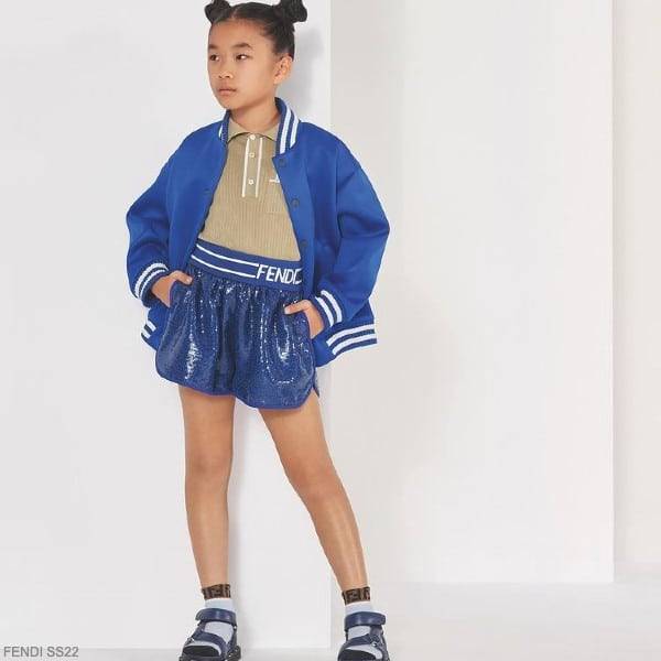 Fendi Kids Girls Blue White Stripe Bomber Jacket Sequin Shorts