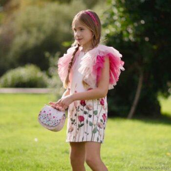 Monnalisa Kids Girls Pink Green Roses Tulle Sleeve Party Dress