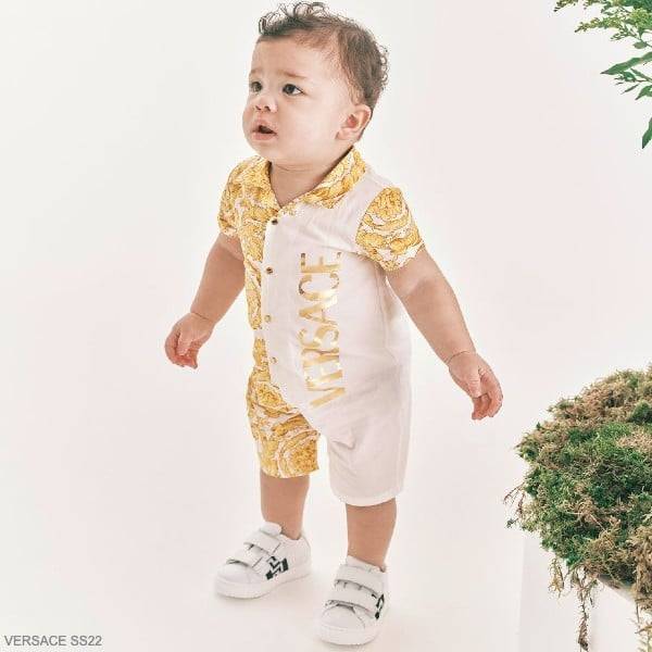 Young Versace Baby Boy White Gold Metallic Barocco Print Logo Shortie