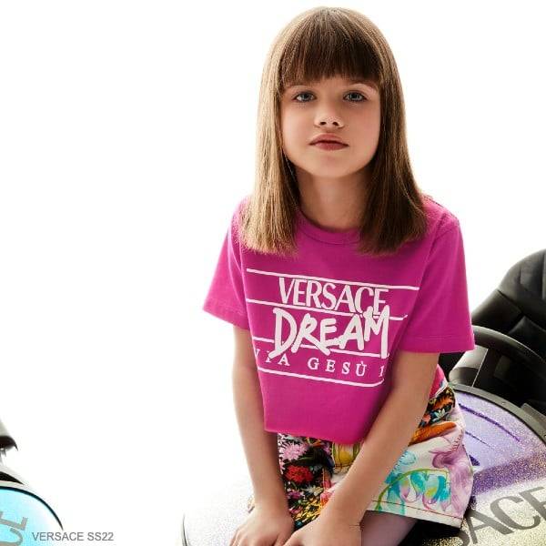 Young Versace Kids Girls Fuchsia Pink Dream T-Shirt Floral Denim Mini Skirt