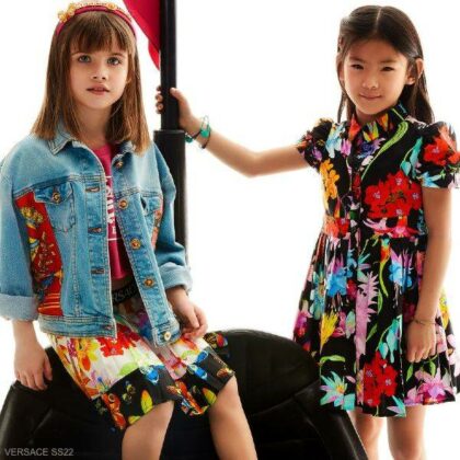Young Versace Kids Girls White Black Pleated Jardin Flower Skirt Denim Jacket