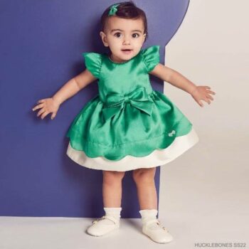 Hucklebones London Baby Girls Emerald Green Satin Bow Party Dress